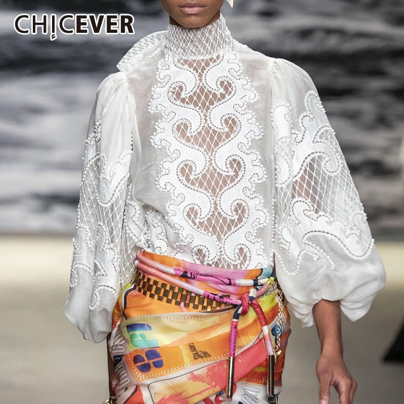 CHICEVER Elegant Embroidered Women's Shirt Scarf Collar Lantern