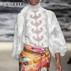 CHICEVER Elegant Embroidered Women's Shirt Scarf Collar Lantern