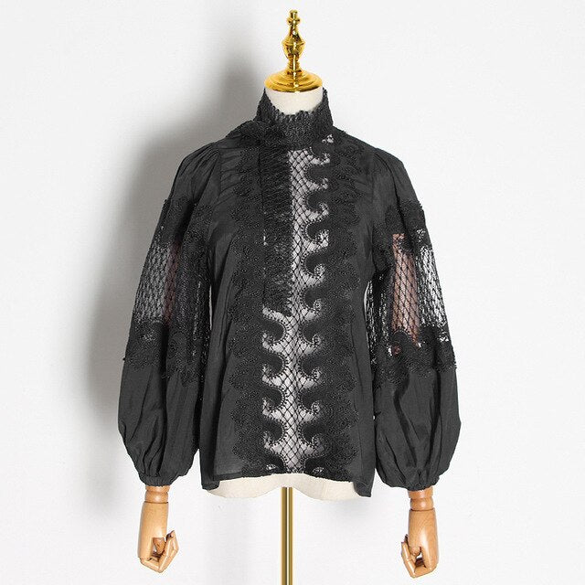 CHICEVER Elegant Embroidered Women's Shirt Scarf Collar Lantern