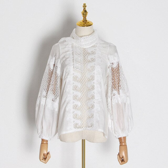 CHICEVER Elegant Embroidered Women's Shirt Scarf Collar Lantern